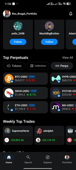 The image shows the OpenSea mobile app's "Portfolio" tab (username Rex_Bragat_Portfolio), featuring "Top Perpetuals" with perpetual futures trading pairs like BTC-USDC ($63,017), HYPE-USDC ($68,319), SKHX-USDC ($1,494.2), XYZ100-USDC ($29,244), ETH-USDC ($1,759.9), and MU-USDC ($940.5), alongside a "Weekly Top Trades" section highlighting top traders like SupremeHertz (+$9,805.46) and adotjdot (+$5,120.95).

This directly illustrates the post's excitement about OpenSea's new mobile feature allowing users to trade perpetuals (perps) directly from their portfolio dashboard.