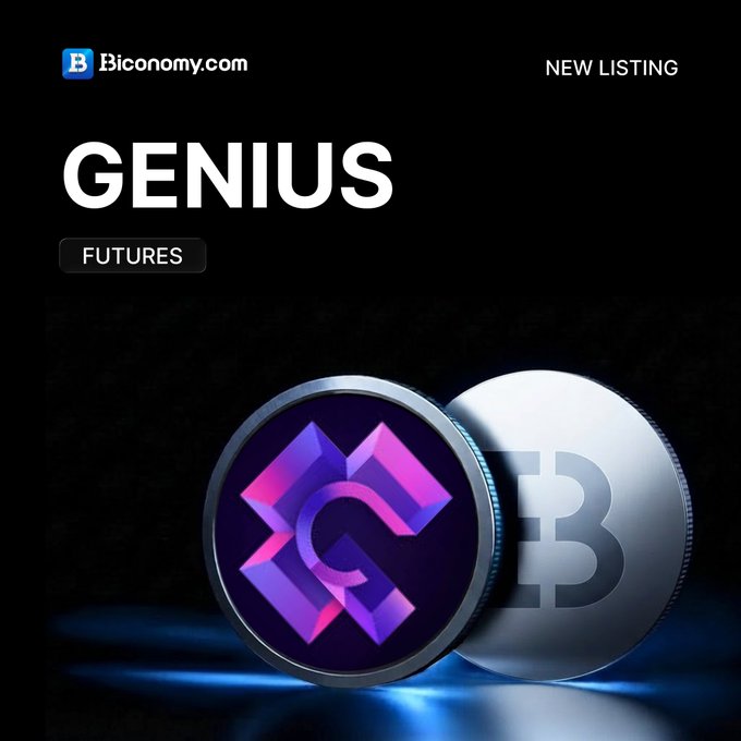 A new listing announcement from Biconomy.com for 'GENIUS FUTURES' featuring two coins, one with a purple logo and another silver Bitcoin-style coin with a 'B' symbol.