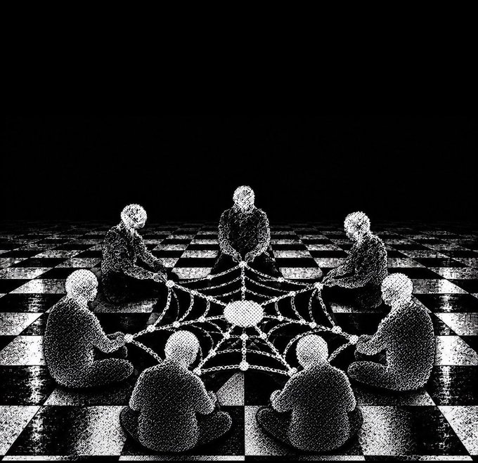 A stylized black-and-white illustration of seven featureless figures sitting in a circle on a checkered floor, connected by web-like strands that converge at a central point.