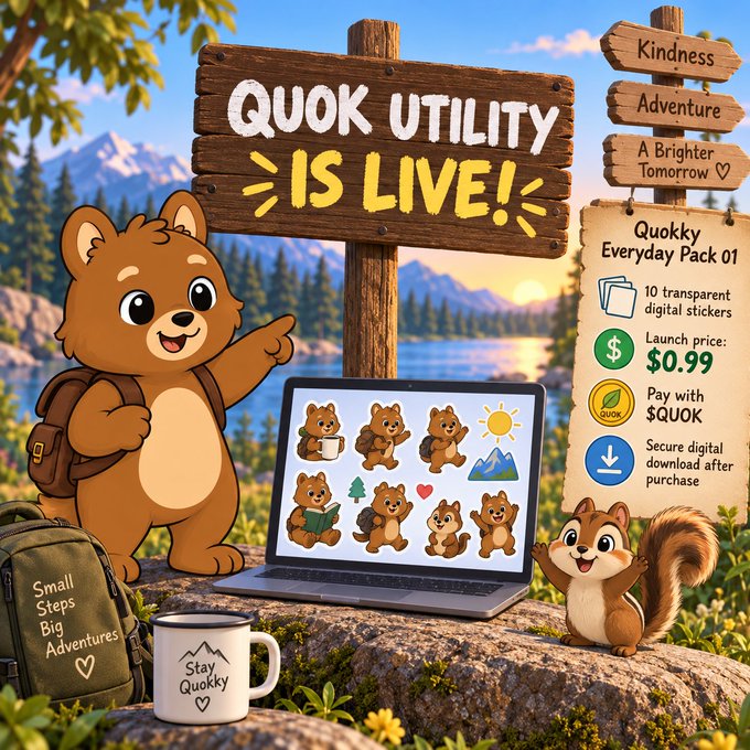 An illustrated promotional graphic titled 'QUOK UTILITY IS LIVE!' featuring cartoon quokas by a lake, advertising the 'Quokky Everyday Pack 01' digital sticker pack for $0.99, payable with $QUOK.