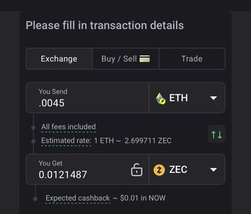 A dark-themed cryptocurrency exchange interface shows a transaction converting 0.0045 ETH to 0.0121487 ZEC, with an estimated rate of 1 ETH ≈ 2.699711 ZEC and only $0.01 in fees—all fees included. The screenshot illustrates the user's recommendation to use ChangeNOW for low-cost, near-instant cross-chain swaps, highlighting how moving funds from any chain to ZEC costs just a few cents instead of the typical $5–$8 exchange withdrawal fees.