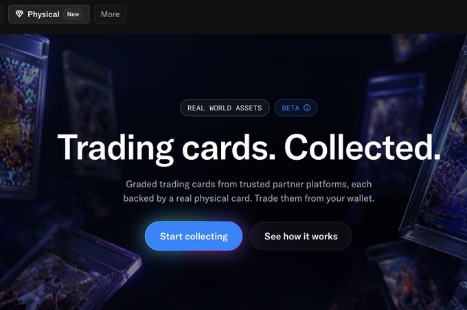 The image shows an OpenSea promotional banner featuring "Trading cards. Collected." with "REAL WORLD ASSETS" and "BETA" tags, advertising graded trading cards backed by physical cards tradeable from your wallet. This aligns with the post's mention of OpenSea's new move, highlighting the platform's expansion into physical-backed digital collectibles for devs and collectors.