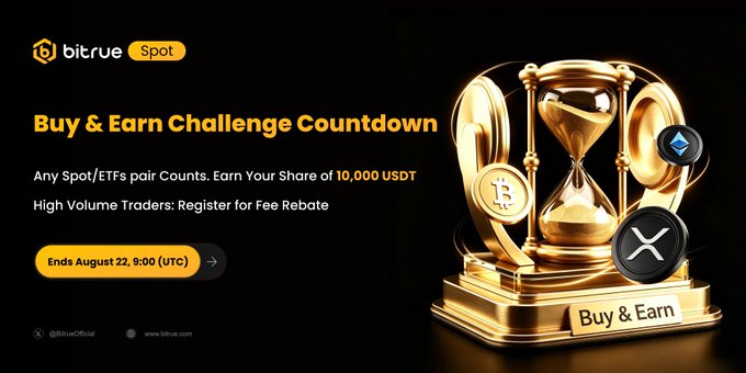 A promotional banner for Bitrue's "Buy & Earn Challenge Countdown" featuring a golden trophy and hourglass alongside Bitcoin, Ethereum, and XRP coin graphics. The ad highlights that traders can earn their share of 10,000 USDT by trading any Spot/ETF pairs, with the challenge ending August 22 at 9:00 (UTC), aligning with the post's call to action for high-volume traders to register for fee rebates before the deadline.