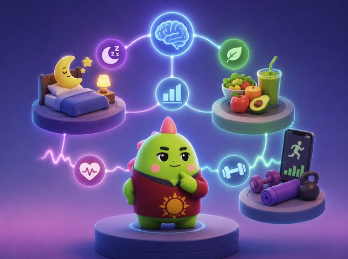 A 3D cartoon illustration of a green character with a sun emblem on its shirt standing on a platform, surrounded by glowing icons representing sleep, brain function, nutrition, heart rate, exercise, and dumbbells connected by neon lines.
