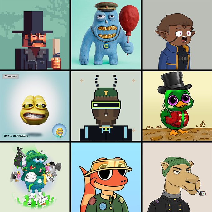 A 3x3 grid of various NFT character designs including pixel art figures, a blue monster with a meat cleaver, a distorted yellow face labeled "DNA X #6750/6969", and several cartoon characters.