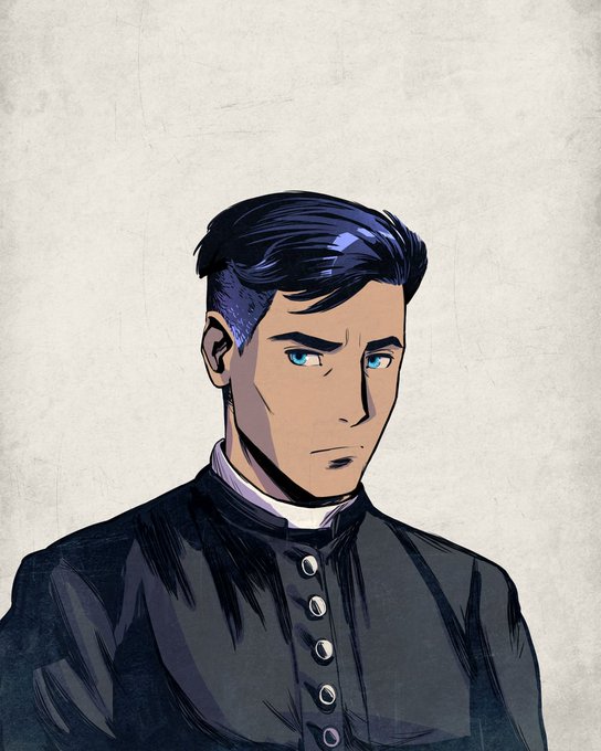 A comic book style illustration of a young man with dark blue hair and bright blue eyes, wearing a black button-up clerical or formal shirt against a plain background.