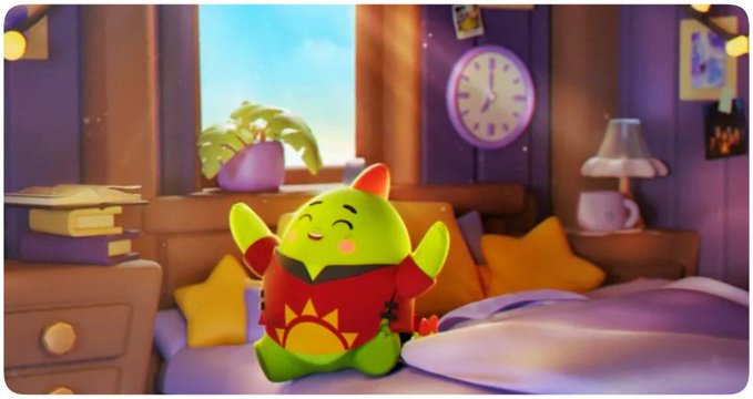 A green animated character with horns, wearing a red sweater with a sun design, stands in a cozy bedroom with yellow stars on the wall and a purple clock visible.