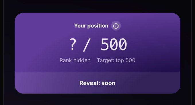 A purple UI card displays "Your position ?/500" with "Rank hidden" and "Target: top 500," showing the user has joined the Jumper Airdrop waitlist but their rank within the 500-participant cap has not yet been revealed.