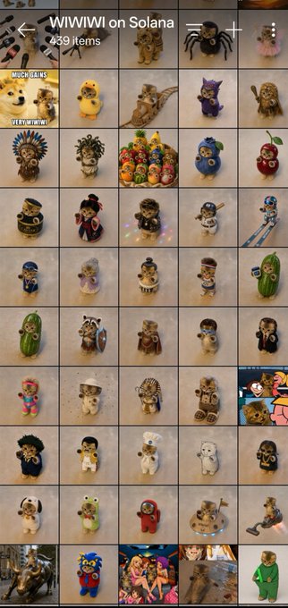 A screenshot of a NFT collection page titled "WIWIWI on Solana" showing 439 items, featuring a grid of small figurines including ducks, animals, and characters in various costumes.