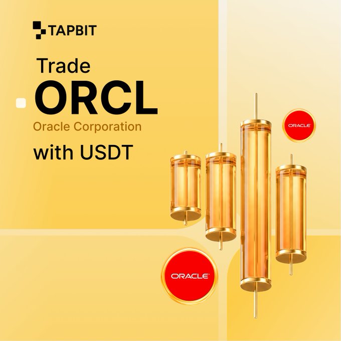 A TAPBIT promotional banner advertising trading of ORCL (Oracle Corporation) with USDT, featuring golden bar graphics and Oracle logos.