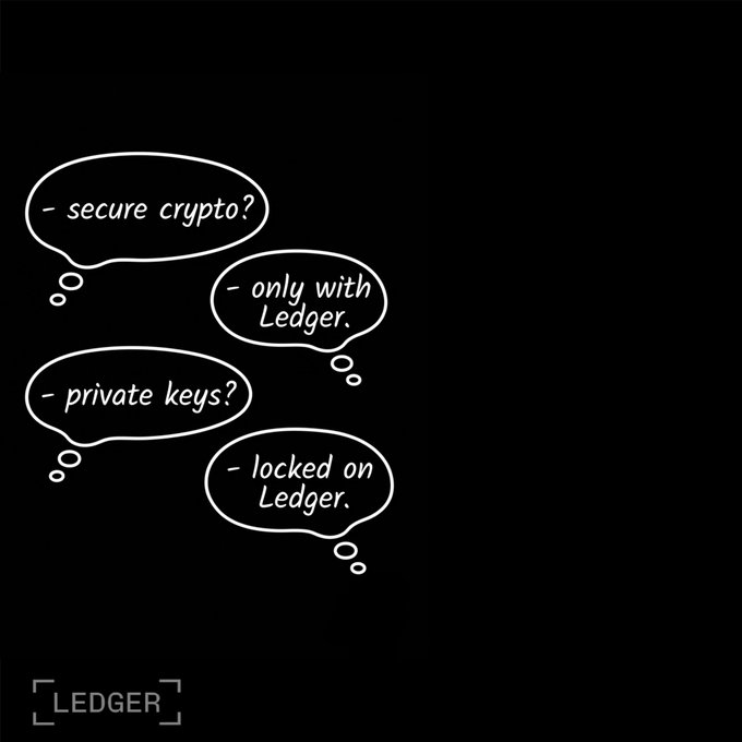 The image features a black background with four speech bubbles containing questions about cryptocurrency, such as "secure crypto?" and "only with Ledger." The first two speech bubbles contain the same question, while the third one has an answer that says "locked on Ledger," and the fourth one has an answer stating "want real self-custody?".