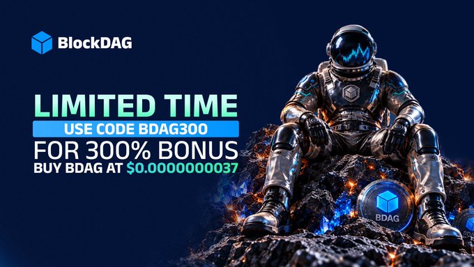 A BlockDAG promotional graphic featuring an astronaut seated on a rocky, glowing terrain with prominent text announcing a limited-time "BDAG300" bonus code for a 300% bonus on BDAG purchases at $0.0000000037. The futuristic space-themed imagery reinforces the cryptocurrency's tech-forward branding while highlighting the urgency of the 48-hour offer.