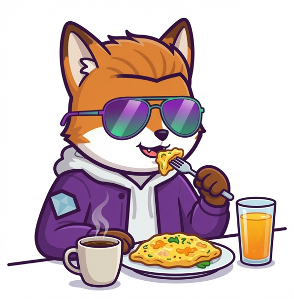 A cartoon illustration of an anthropomorphic Shiba Inu dog wearing purple sunglasses and a purple jacket with a diamond patch, eating a forkful of food while a plate of omelet, a steaming coffee mug, and a glass of orange juice sit on the table.