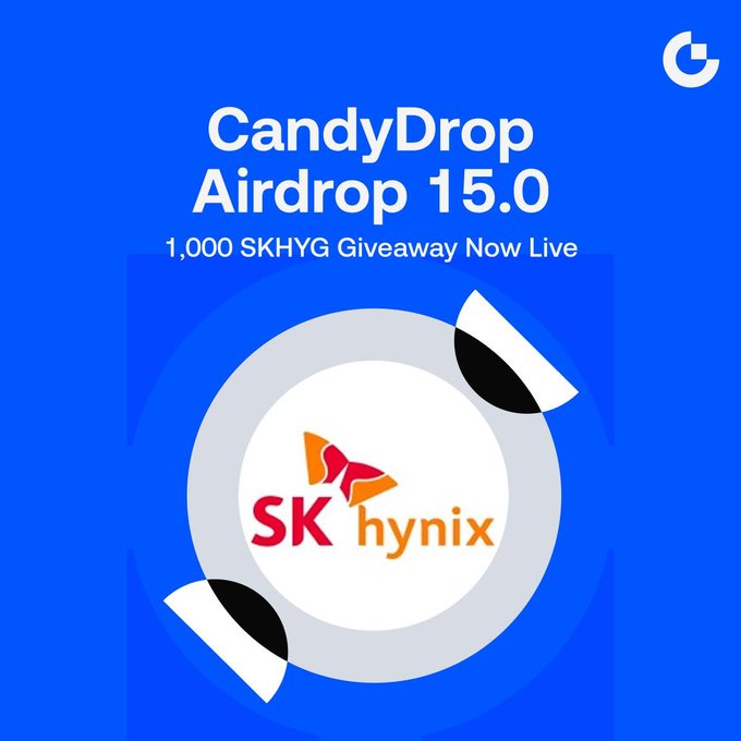A promotional graphic with a blue background displays "CandyDrop Airdrop 15.0" and "1,000 SKHYG Giveaway Now Live," featuring the SK Hynix logo at the center to visually highlight the partnered token giveaway described in the post.