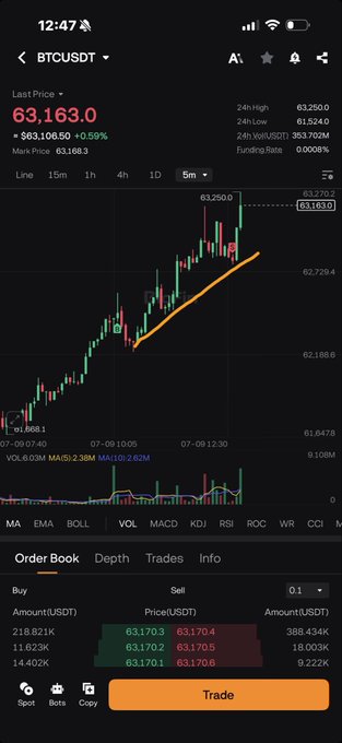 A cryptocurrency trading app screenshot showing BTCUSDT last price at 63,163.0 (+0.59%) with a 5-minute candlestick chart displaying an upward trend, along with order book data.