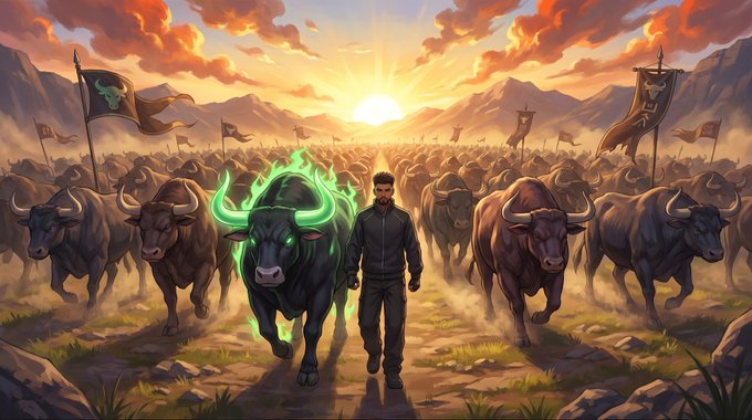 A man walks confidently at the forefront of a massive stampede of bulls, accompanied by one bull glowing with mystical green energy, under a dramatic sunset sky. The image visually embodies the "bull run" energy of crypto markets, symbolizing how $ANSEM represents a powerful, standout opportunity amid the herd of typical investments—those still ignoring it are being left behind in the stampede.