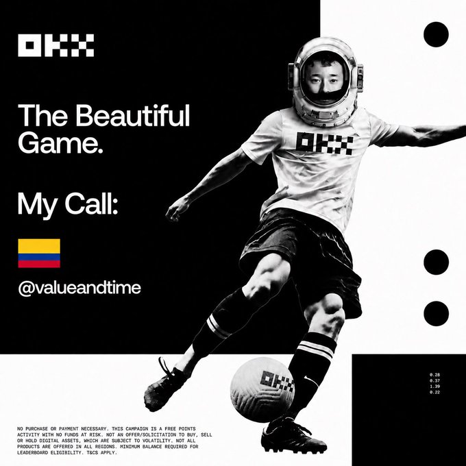 The image features a man wearing an astronaut's helmet, kicking a soccer ball while standing on his head. The caption of the image reads "Picked Colombia to win the World Cup on @okx It was free & you win points that go towards winning bitcoin". This suggests that the image is related to a social media post promoting a soccer game or event in Colombia and possibly offering a reward for participating, with the goal of raising funds through donations.

The image also includes a logo for a company named "okx" along with a hashtag "#valuetime", which could be an account or page associated with the promotion. The presence of the soccer ball and the man in the helmet adds to the overall theme, as it represents the sport of soccer and the idea of using sports events to raise funds for charitable causes.