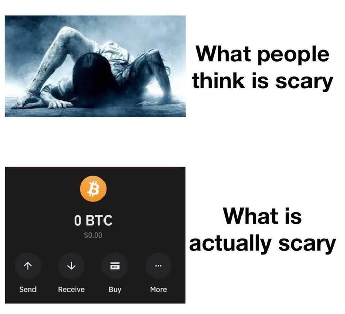 A meme featuring two panels: the top shows a creepy figure with the text 'What people think is scary,' and the bottom shows a Bitcoin wallet app displaying '0 BTC' and '$0.00' with the text 'What is actually scary.'