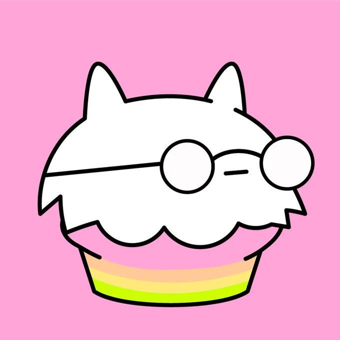 A cartoon illustration of a white cat-themed cupcake with glasses on a pink background.