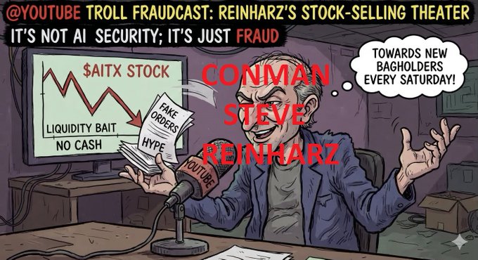 A satirical cartoon labeled '@YOUTUBE TROLL FRAUDCAST: REINHARZ'S STOCK-SELLING THEATER' depicting 'CONMAN STEVE REINHARZ' with a $AITX stock chart showing 'LIQUIDITY BAIT, NO CASH' and 'FAKE ORDERS / HYPE'.