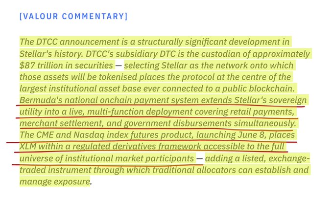 The image shows a document with yellow text that reads "Stellar's recent developments quietly connect three major pieces of the puzzle", which seems to be related to the post about the DTCC announcement. The document also mentions the names of two people, "Stellar" and "Bermuda".