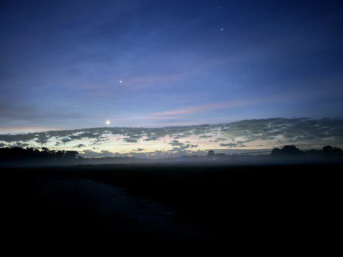 A twilight landscape with a deep blue sky dotted with stars, a bright celestial body on the horizon, and low clouds hovering over a misty dark field.
