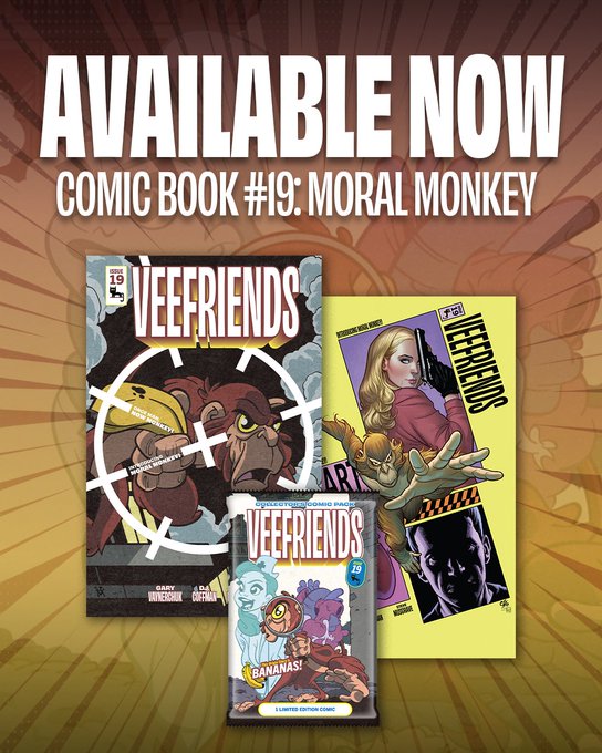 Promotional graphic for "Veefriends Comic Book #19: Moral Monkey," displaying three covers and packaging with "AVAILABLE NOW" text, tied to the post about London's detective who becomes a monkey while solving an attempted murder case.