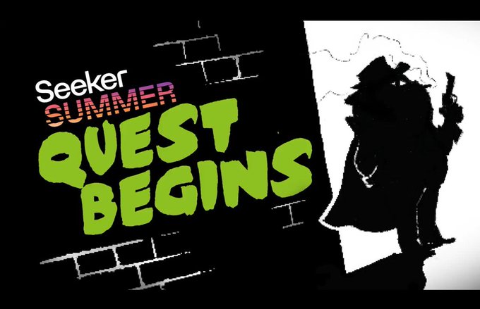 A graphic promoting 'Seeker Summer Quest Begins' with bright green bold text, a black-and-white silhouette of a character wearing a cap and holding a gun, and sketched brick wall details on a black background.