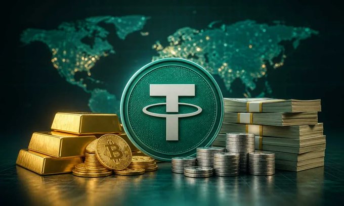 A glowing Tether (USDT) coin stands prominently in the foreground, surrounded by gold bars, Bitcoin coins, stacks of U.S. currency, and a luminous world map—visually representing Tether's massive profitability and the global scale of its operations, aligning with the post highlighting the company's $1.5 billion Q2 2026 net operating profit driven largely by returns from U.S. assets.