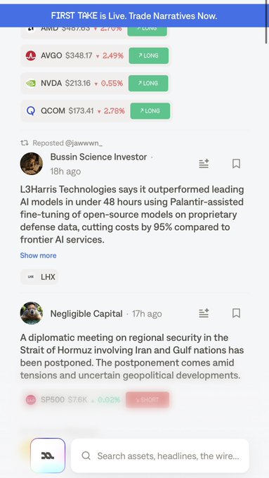 A financial news app screen showing market data including AMD $467.65 (red), AVGO $348.17, NVDA $213.16, and QCOM $173.41, along with reposts about L3Harris Technologies AI performance and a postponed diplomatic meeting regarding Iran and Gulf nations.