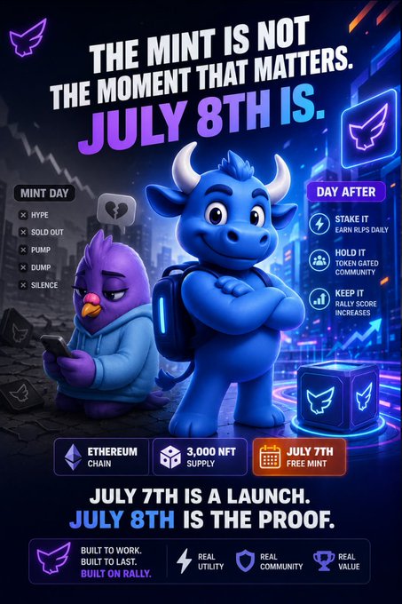 A promotional poster featuring a confident blue bull character and a hunched purple bird, with the headline "THE MINT IS NOT THE MOMENT THAT MATTERS. JULY 8TH IS." The ad contrasts "Mint Day" (marked with crossed-out words like "Hype," "Sold Out," and "Pump") against the "Day After" benefits (Stake It, Hold It, Keep It), promoting a July 7th free mint of 3,000 NFTs on Ethereum, emphasizing that lasting value comes after the launch on July 8th through staking, community, and real utility on Rally.
