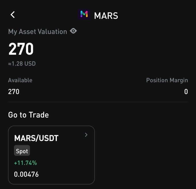 MARS token asset valuation screen showing 270 MARS (approximately 1.28 USD) with 270 available and 0 position margin, plus a MARS/USDT spot trading pair showing +11.74% at 0.00476.