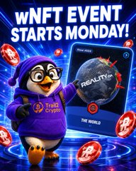Promotional graphic reading "WNFT EVENT STARTS MONDAY!" featuring a penguin mascot in a purple hoodie next to a "Reality+ The World" digital card.