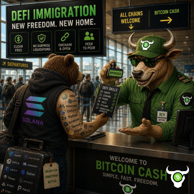 A bear wearing a hoodie covered in Solana DeFi protocol logos (Jupiter, Raydium, Orca, Marinade, Drift, Saber, Kamino, Tensor, Parcl, etc.) presents his tattooed "DeFi Skills" resume at an airport-style immigration counter, where a bull officer in a green "Bitcoin Cash Immigration Officer" uniform stamps him "Approved" beneath signs reading "DeFi Immigration – New Freedom. New Home." and "Welcome to Bitcoin Cash – Simple. Fast. Freedom."—visually framing the post's message of migrating from Solana's DeFi ecosystem to Bitcoin Cash as gaining "better rails."