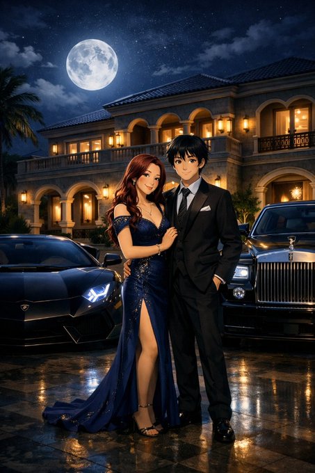 An anime-style illustration showing an elegantly dressed couple in formal attire (a woman in a blue gown and a man in a black suit) posing in front of luxury vehicles and a mansion under a full moon.