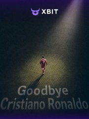 A dramatic dark image from XBIT shows a lone soccer player illuminated by a spotlight on a field, with the text 'Goodbye Cristiano Ronaldo' displayed below.