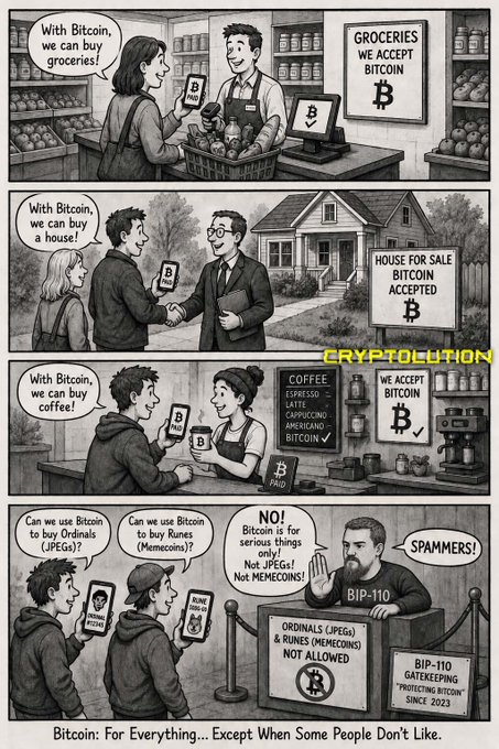 Black and white comic strip titled 'CRYPTOLUTION' showing the adoption of Bitcoin for groceries, houses, and coffee, ending with a gatekeeper blocking Bitcoin Ordinals/JPEGs and Runes/MemeCoins, captioned 'Bitcoin: For Everything... Except When Some People Don't Like.'