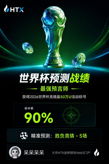 A sports-themed promotional graphic for HTX features a trophy with a soccer ball on top, with Chinese text for 'World Cup Prediction Battle' showing a 90% accuracy rate and 5 match predictions, by user '朵朵朵朵'.
