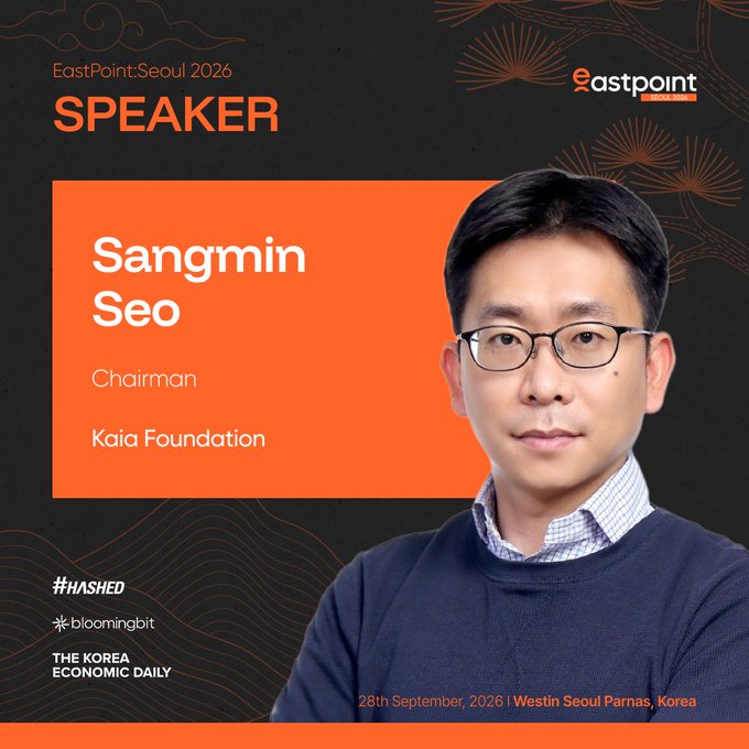 A speaker promotional graphic for 'EastPoint:Seoul 2026' featuring Sangmin Seo, Chairman of Kaia Foundation.