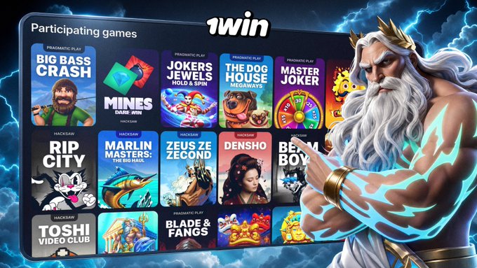 A '1win' promotional graphic displaying a grid of participating games including 'Big Bass Crash', 'Joker's Jewels', 'The Dog House Megaways', 'Rip City', 'Toshi Video Club', and others, alongside a Greek god-like figure with a white beard and glowing blue tattoos.