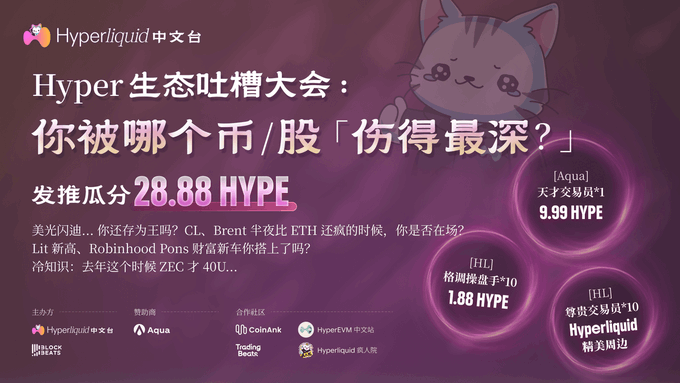 A promotional banner for the "Hyper Ecosystem Roast Fest" themed "Which coin/stock has hurt you the deepest?" invites users to share their saddest crypto losses for a chance to win prizes including 28.88 HYPE, 9.99 HYPE (top comments), 1.88 HYPE (trending posts), and a Hyperliquid peripheral (top asset trades).
