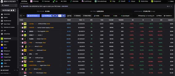 Screenshot of the DEX Screener website showing a watchlist of cryptocurrency tokens including AIDOGE, HOPEB, SIMBA, and DOGE-1, with their market caps, prices, 24-hour changes, and liquidity metrics.