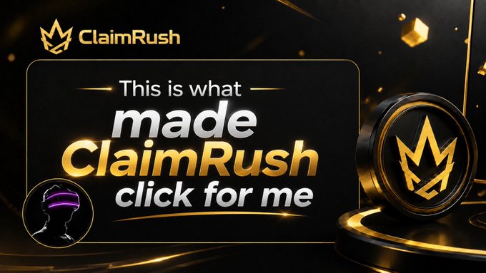 A promotional graphic for 'ClaimRush' featuring the text 'This is what made ClaimRush click for me' in white and gold lettering against a dark background with gold accents and a stylized logo.