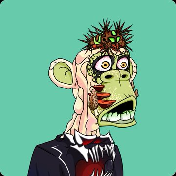 A grotesque digital illustration of a distorted ape-like head with green skin, bulging eyes, and spiky hair, wearing a dark suit jacket over a red heart.