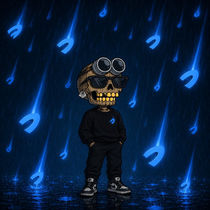 A skull-headed character wearing a beanie, sunglasses, and black clothes standing under blue glowing meteors raining down in a dark setting.