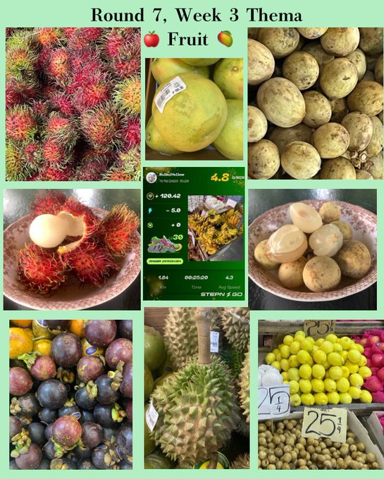 A photo collage titled 'Round 7, Week 3 Theme Fruit,' featuring various tropical fruits including rambutan, mangoes, longan, mangosteen, soursop, and grapes.