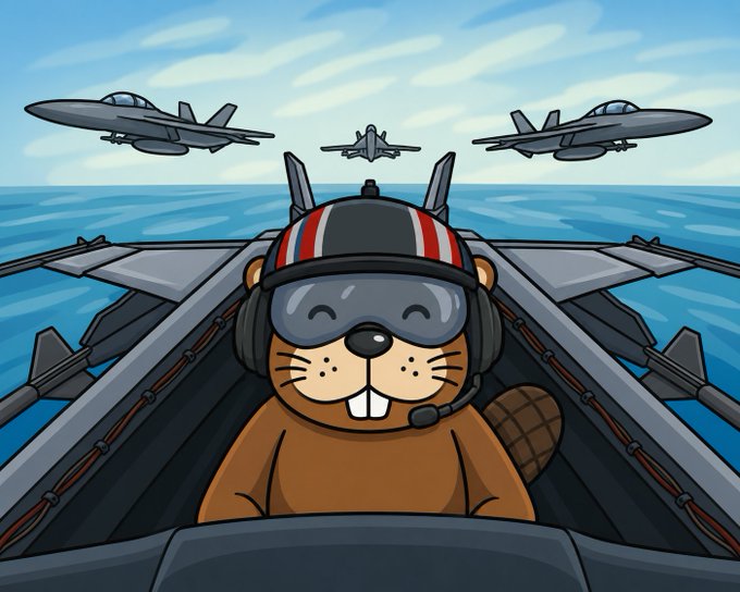 A cartoon illustration of a smiling beaver wearing a pilot's helmet and goggles, sitting in the cockpit of a fighter jet with three other jets flying in formation behind it over the ocean.