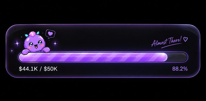 A purple-themed progress bar displays "$44.1K / $50K" at 88.2% completion, featuring a cute purple character with the text "Almost There!" — visually representing the Squink meter nearing its $50K goal as referenced in the post.