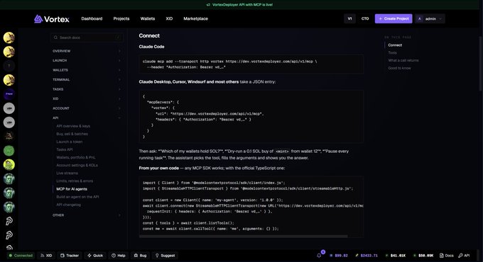 A Vortex Dashboard interface showing Claude API integration setup with code snippets for Claude Desktop, Cursor, and Windows JSON configuration, along with MCP for AI Agents documentation.