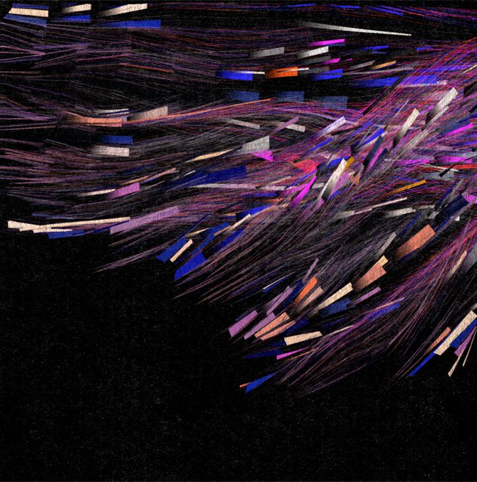A dynamic abstract artwork bursts with streaks of purple, blue, pink, and orange light fanning across a black background, evoking a sense of digital motion and energy. The image visually represents the creative, forward-moving spirit of the Lumen Prize finalists' generative and interactive art pieces released on Tezos.